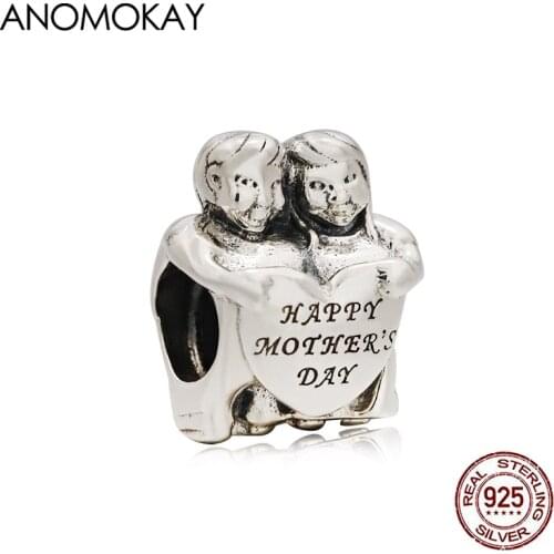 Anomokay Classic 925 Silver Happy Mothers Day Charm fit Bracelet Necklace Fine Silver Jewelry for DIY Accessories