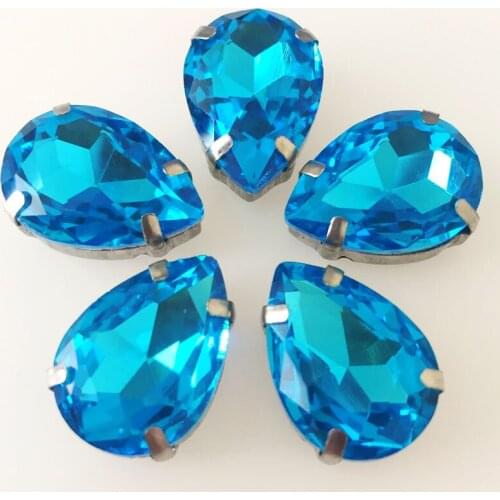 Free shipping!Lake blue Teardrop shaped crystal glass Silver claw sew on rhinestones,hight quality loose rhinestone