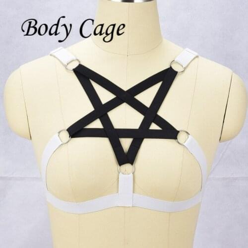 Body Cage white Goth Cosplay Cage Bra Fetish Wear Black pentagram Body Harness Sexy Lingerie Gothic Top Bondage Harness