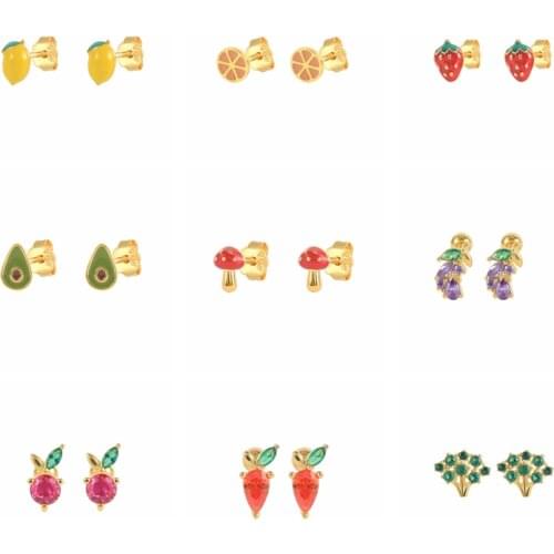 CANNER Piercing Aretes Cute Korean Colorful Enamel Vegetable Fruit Stud Earrings Bling Zircon Dinosaur Earring 925 Silver Jewerl