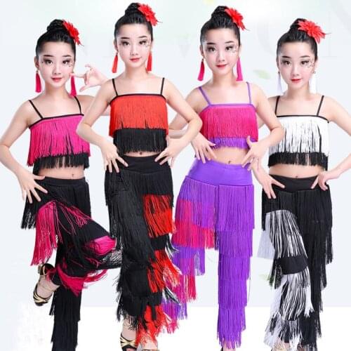 Children Tassel Latin Dance Stage Performance Costumes Girl Salsa Samba Tango Ballroom Fringe Dance Top+Pants costume