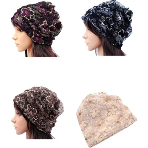 Women Lady Winter Bandana Beanie Turban Head Wrap Band Lace Hat Warm Cap, Black rose red