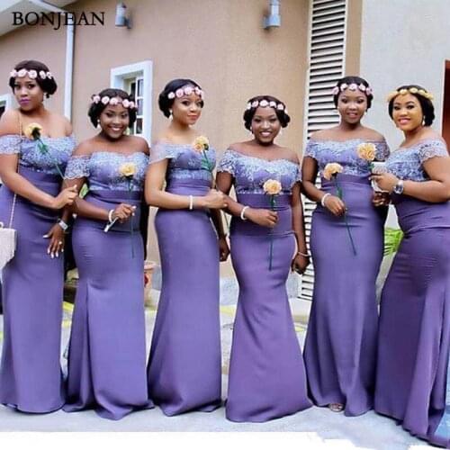 Purple Mermaid Off Shoulders Bridesmaid Dresses Cheap Lace Bodice Plus Size Custom Made Backless Fitted PromBridesmaid Dress