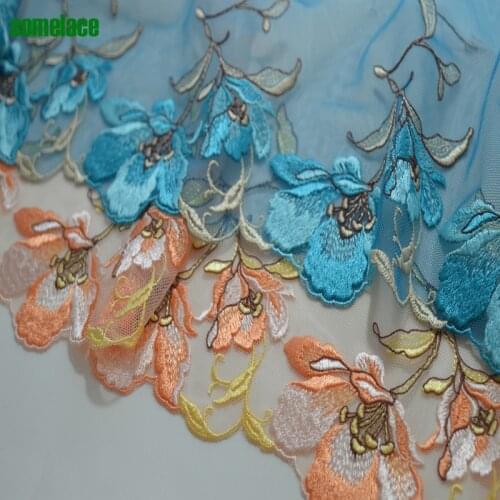 20cm 2yds/lot green~pink gauze Fluorescent colorful embroidery Lace Trim with Design for Wedding Bridal and Garment Decoratio