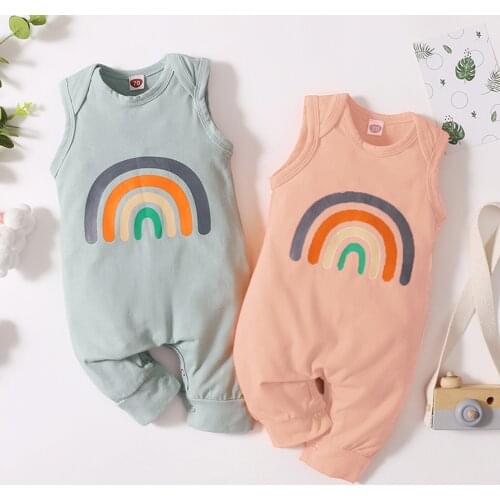 Cute Infant Sleeveless Jumpsuit with Rainbow Pattern Print Baby Girls Boys Casual Loose Fit Ribbed Closure Summer Clothing