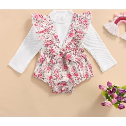 2Pcs Baby Girls Clothes Sets Infant Solid Color Long Sleeve Turtleneck Sweater Floral Suspender Shorts Overalls Autumn Outfits