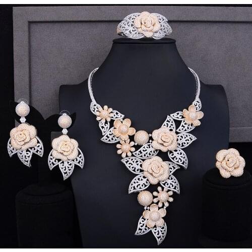LARRAURI Hot Delux Rose Flower Leaf Jewelry Sets For Women Cubic Zircon CZ Indian Dubai Gold Bridal Wedding Jewelry Sets