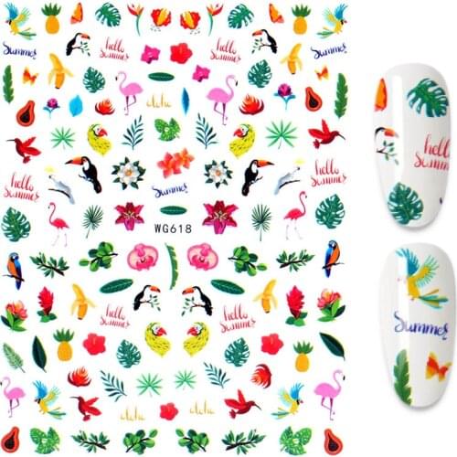 1PC Summer Nail Art Stickers Cartoon Nail Decoration Flamingo Leaf Fruit Beach Stickers for Nails