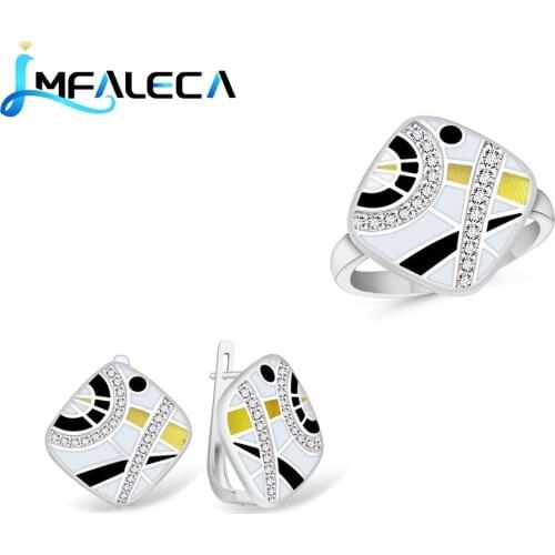 LMFALECA Pure 925 Silver Jewelry Sets for Women Multicolor Enamel Square Clip Earring With Stone Ring Necklace Fine Gift Jewelry