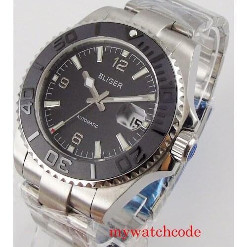 Mechanical Automatic Men Wristwatch 43mm BLIGER Black Dial Sapphire Glass Miyota 8215 Movement Calendar Ceramic Bezel