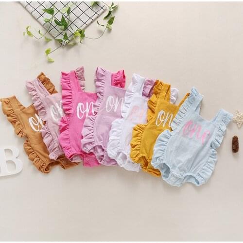 Lovely Baby Letter One Birthday Bodysuit, Sleeveless Falbala Edge Jumpsuits Elastic Leg Opening with Letters for Summer