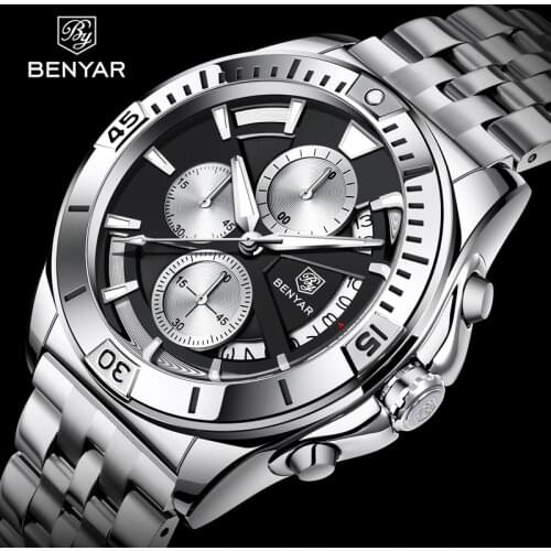BENYAR 2021 New Fashion Mens Watches Stainless Steel Top Brand Luxury Sport Chronograph Quartz Watch For Men Relogio Masculino