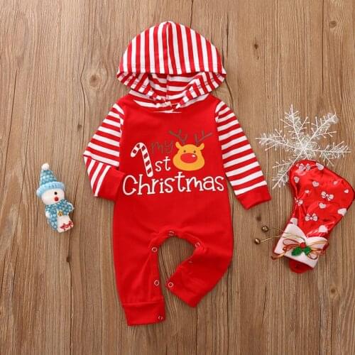Newborn Boys Girls Boys Christmas Jumpsuits Hooded Reindeer Stripe Long Sleeve Cartoon Long Romper Clothes New Years Costume