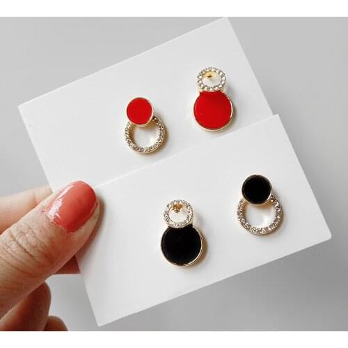 New S925 Silver Needle Korean Crystal Black Geometric Round Simple Fashion Wild Net Red Temperament Cold Wind Stud Earrings