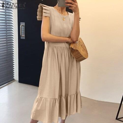 ZANZEA Bohemian Women Dresses 2021 Summer Elegant Ruffle Maxi Vestidos Casual Solid Ladies Short Sleeve Loose Sundress