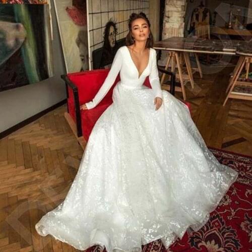 Bride Dresses Long Sleeve Lace Satin Wedding Dress Sexy Deep V Neck Backless Bride Dress for Wedding Robe De Mariee 2021
