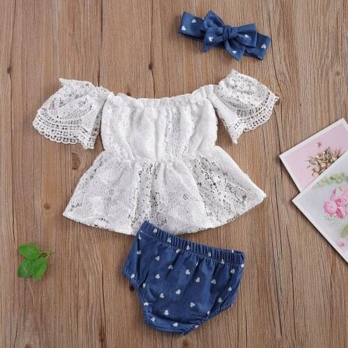 0-24M Newborn Casual Outfits Baby Girl Clothing Short Sleeve Hollow Out Off Shoulder Lace Tops+Love Print Shorts+Headband