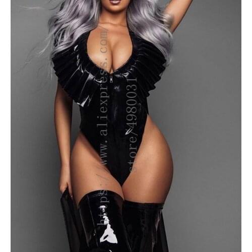 Sexy womens low bust Fetish latex bodysuit with ruffles decoration and attached front zip