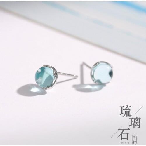 Free Shipping Fashion 925 Sterling Silver Blue Glass Stud Earrings Jewelry Pendientes De Plata Brincos
