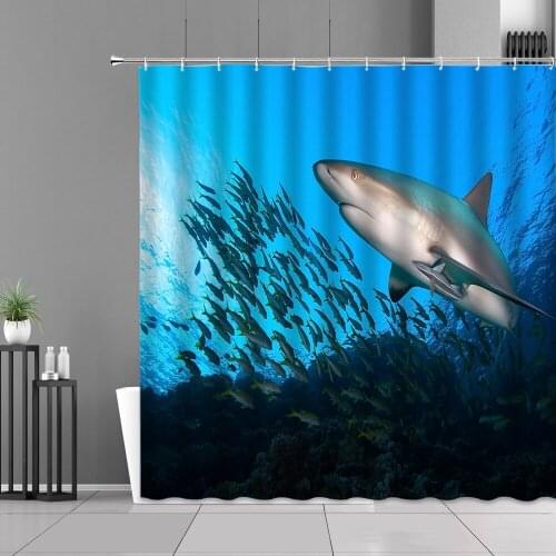 3D Ocean Design Shower Curtain Set Dolphin Shark Whale Boat Waterproof Bath Curtains Polyester Fabric Bathroom Home Decoration