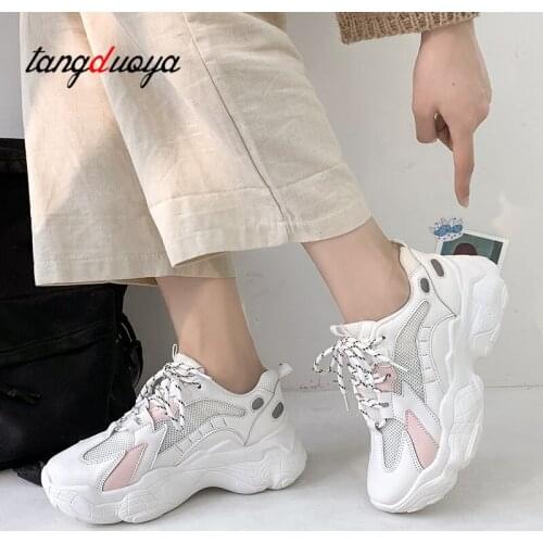 Women Trainers Running Shoes PU Leather +Mesh White Fashion Sneaker Ladies Outdoor Sport Shoes Breathable Platform Sneakers