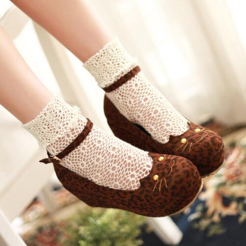 Womens Lolita Mary Janes Cat Casual Platform Leopard Wedge Heel Sweet Round Toe Ankle Strap High Shoes Japanese Pumps Cosplay