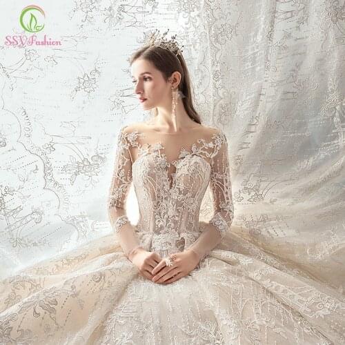 SSYFashion New Bride Luxury Wedding Dress High-end White Long Sleeve Lace Appliques Sequins Court Train Wedding Gown Custom