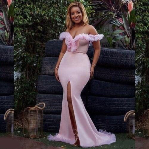 Front Split Plus Size Mermaid Prom Dresses with Ruffles Tulle Sexy Off Shoulder Evening Gowns Formal Bride Dress