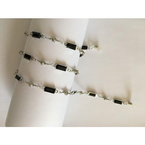 Shiny eyeglass brass chain spectacle retainer electro plated with silver embedded with black acrylic beads