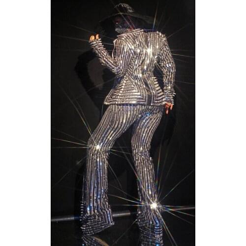 Sparkly Stage Costume Silver Stripe Coat Jumpsuit Two Pieces Set Nude Print Punk Nightclub Club Show Outfit Performance Clothing