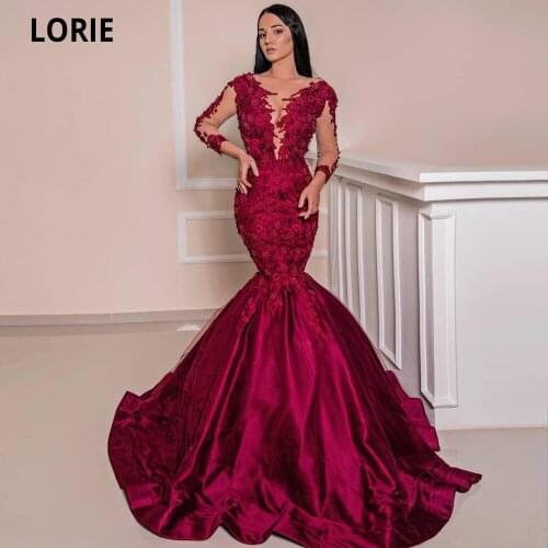 LORIE 2020 Burgundy Evening Dresses Mermaid with Lace Beaded Sheer Neck Prom Dresses Vintage Formal Party Second Reception Gowns