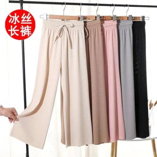 Ice silk wide leg pants womens summer Korean version loose drop and versatile high waist elastic thin straight Pants Capris