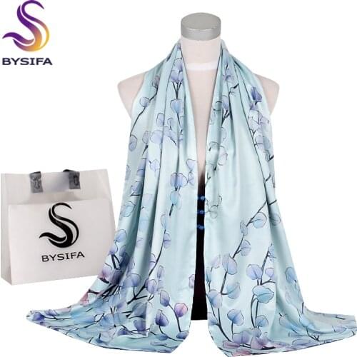 [BYSIFA] Elegant Scarves Wraps Foulard Women Fashion White Floral Green Long Silk Shawl Scarf Fall Winter Ladies Scarves175*50cm