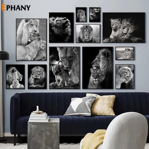 Black White Animals Wall Art Poster Cozy Lions Family Painting Canvas for Living Room Minimalist Print Picture Modern Home Decor