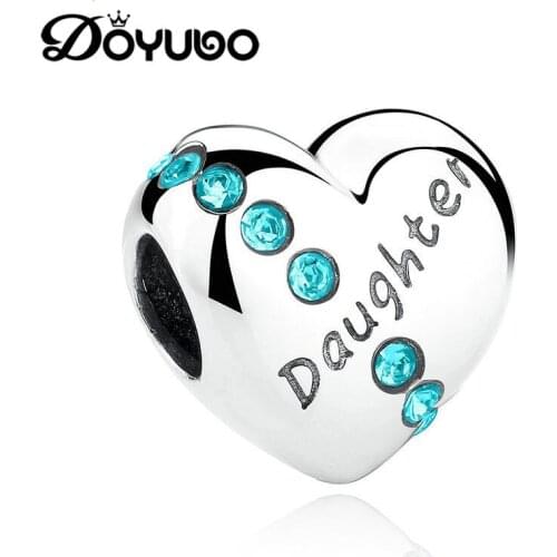 DOYUBO Womens 925 Sterling Silver Heart Shape DIY Charms With Blue CZ Engraving Daughter Pure Silver DIY Beads Jewelry ADD002