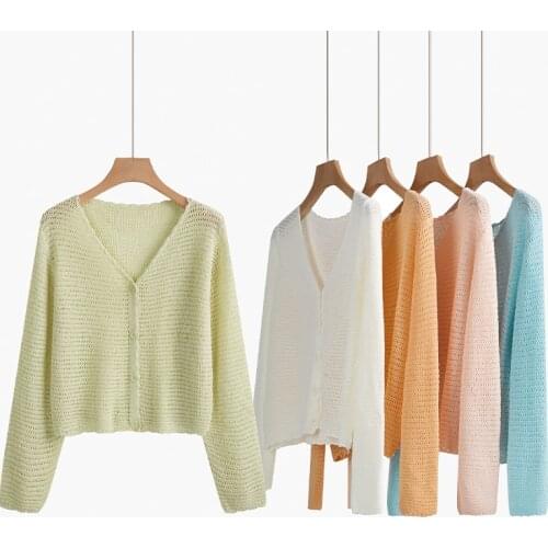 Spring Green Cardigans Women 2021 Loose Ladies Short Knitted Sweaters Long Sleeve V-Neck Solid color Chic Tops