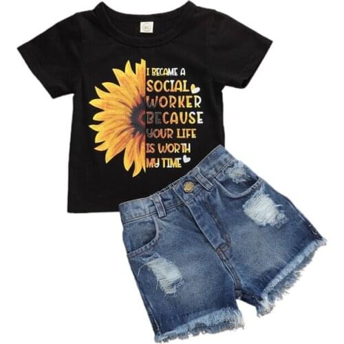 Summer Toddler Kid Baby Girl Clothes Sets 0-6Y Short Sleeve Sunflower Tops T-Shirt + Jeans Shorts Pants Outfits