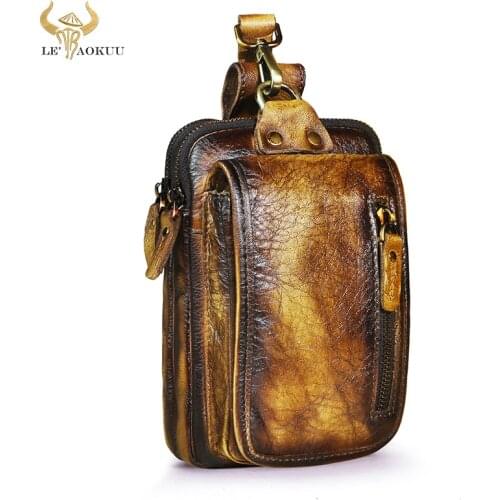 Retro Original Leather Gold Small Summer Hip Bum Pouch Hook Design Cigarette Case 7" Phone Pouch Fanny Waist Pack Belt Bag 1609
