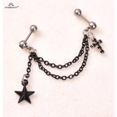 Trendy Cross Star Black Tassel Earrings Tragus Piercing Helix Piercing Cartilage Earrings Stainless Steel Nose Ring Ear Jewelry