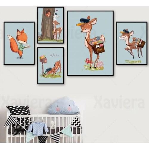 Cartoon Post Animal Nordic Poster Wall Picture Sika Deer Fox Bunny Wall Art Canvas Painting Baby Room Nursery Decor Home Decor
