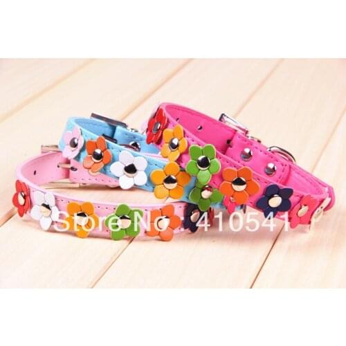 New Arrival Free Shipping Mix Colors Fashion Flower Studded Puppy Pet Cat Dog Collar Leather Buckle Neck Stap Collars