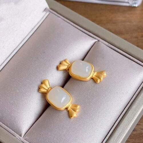 Natural Hetian white jade candy Earrings Chinese style retro small exquisite Fairy Christmas Halloween Gift Silver Jewelry