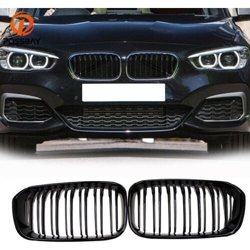 POSSBAY Front Bumper Center Grills Gloss Black Double Slats Grille for BMW 1-Series F20 116i/118d/114d 5-door 2015-2017 Facelift