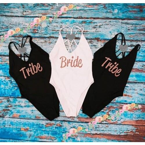 Personalize GLITTER Bride TRIBE Bridesmaid swimsuit Bathing Suits Honeymoon Bachelorette Swimwear Party gifts