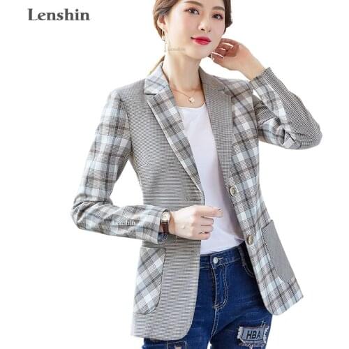 Lenshin Woven fabric Irregular Pattern Plaid Blazer Elegant Casual Jacket Fashion Keep Slim Office Lady Women Outwear Coat