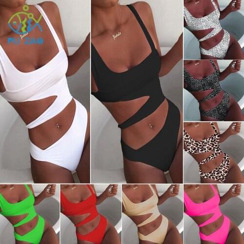 Leopard Dotted One Piece Swimsuit Solid Color Printed Swimwear Female High Waist Hollow Push Up Beach Sexy Skinny Micro Bikini