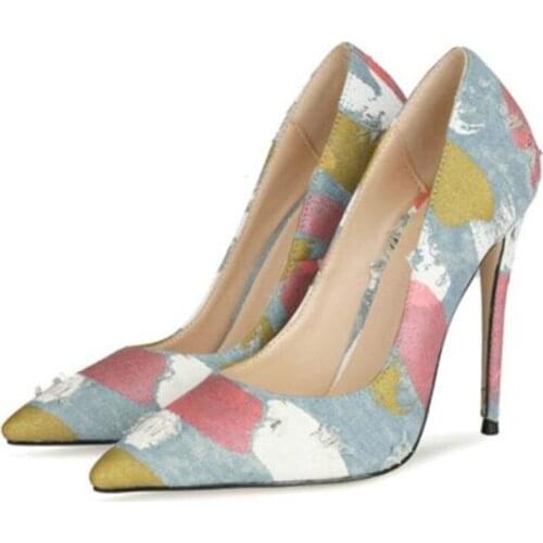 High Heel multi-color leather Stiletto shoes Women Pointed Party Wedding Shoe Plus Size Heels 12cm red Color Pumps 50