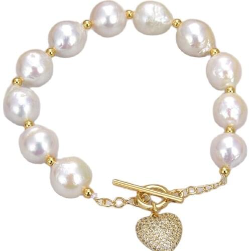 GG Jewelry 8'' 11-12MM White Keshi Pearl CZ Pave Heart Pendant Bracelet