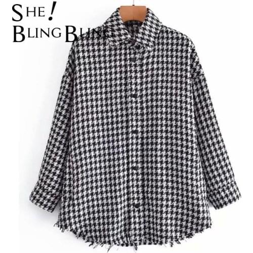 SheBlingBling Za Woman 2021 Blouses Lapel Houndstooth Loose Raw Edge Long Sleeve Shirt Female Causal Traf Plaid Coats Chic Tops