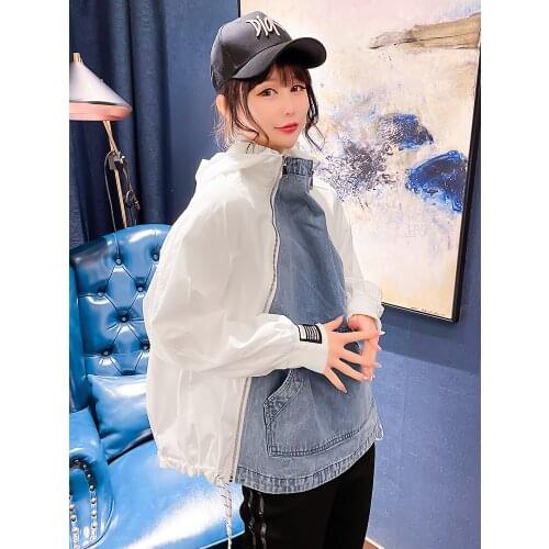 2021 New Product Spring And Autumn Denim Stitching Jacket Women Fashion Double Zipper Hooded Coat Women Big size windbreaker